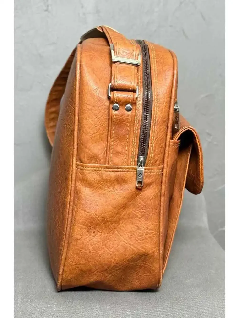 1970's Overnight Travel Bag Warm Brown Faux Leather Weekender Bag